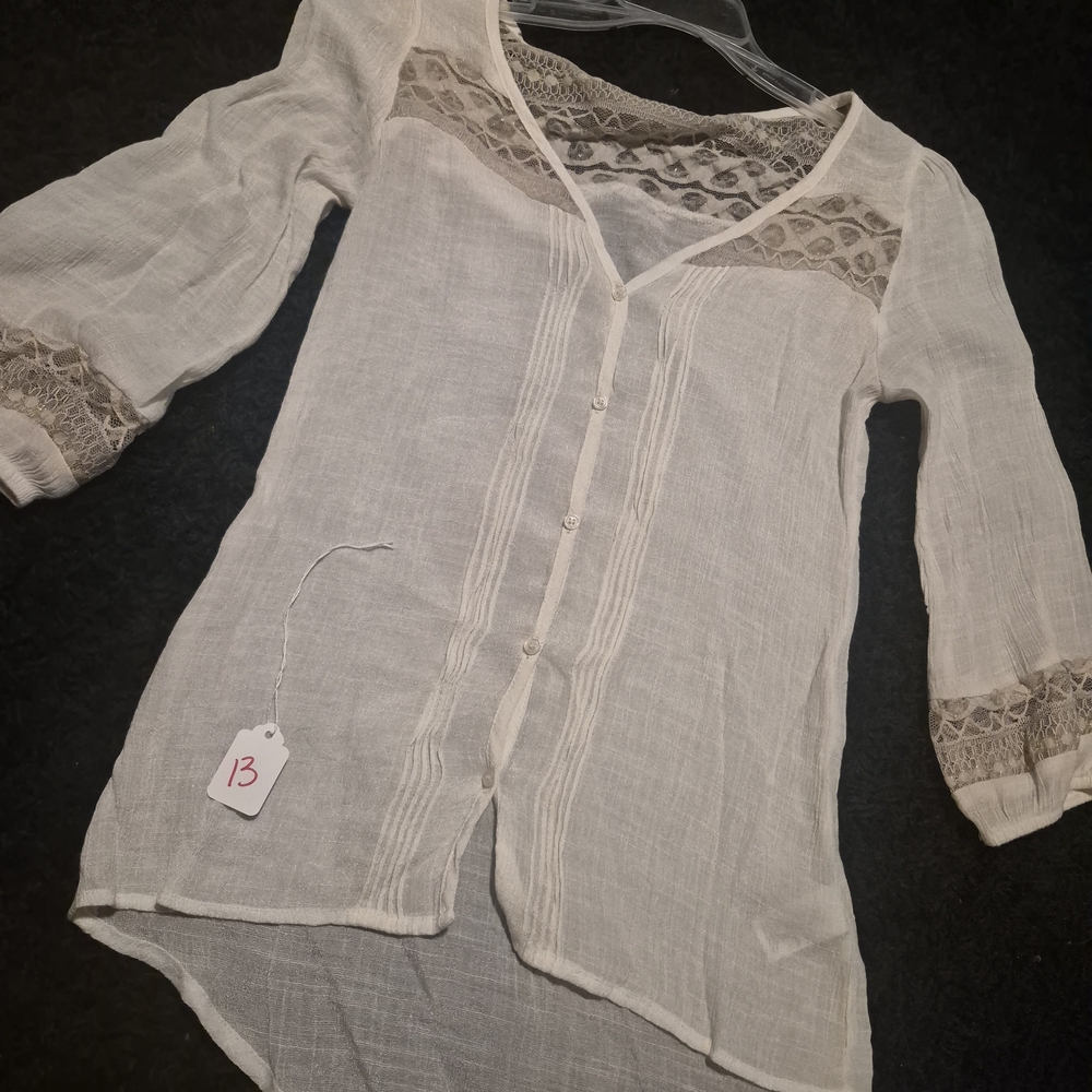 Maurices Cream Lace-Accent Button Front Blouse